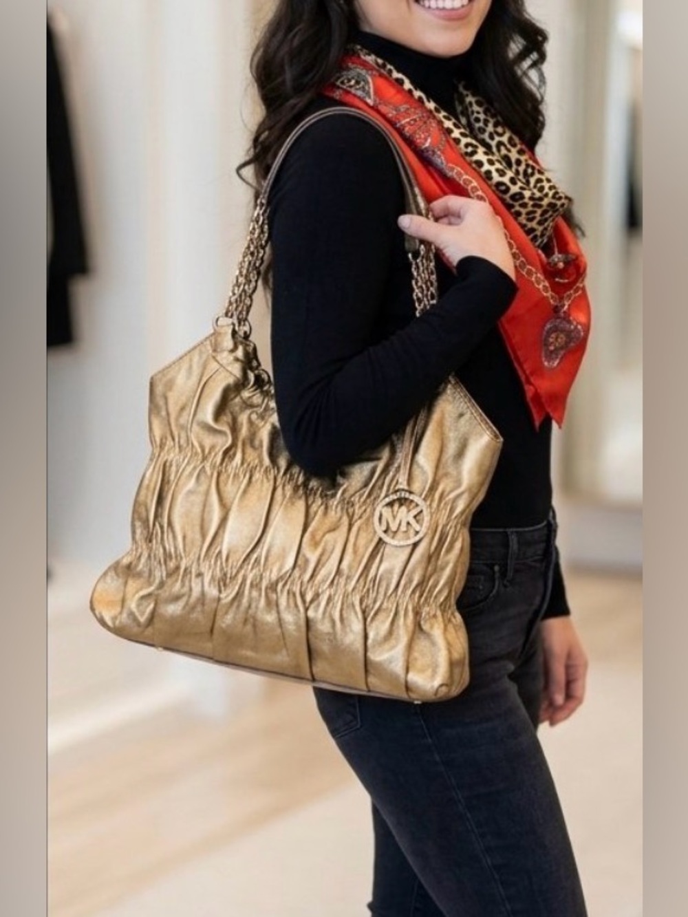 Michael Kors Gold Ruched Shoulder Purse